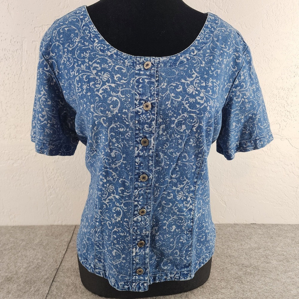 Requirements Blue Floral Linen Cotton Button Up Short Sleeve Blouse Top Womens M